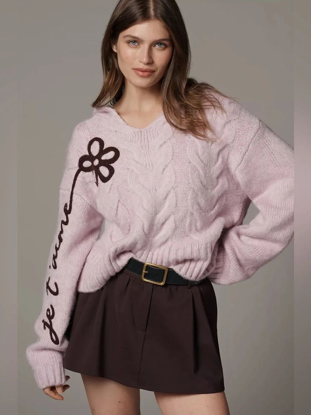 Maeve Embroidered Flower Hooded Cable-Knit Sweater Size XXs